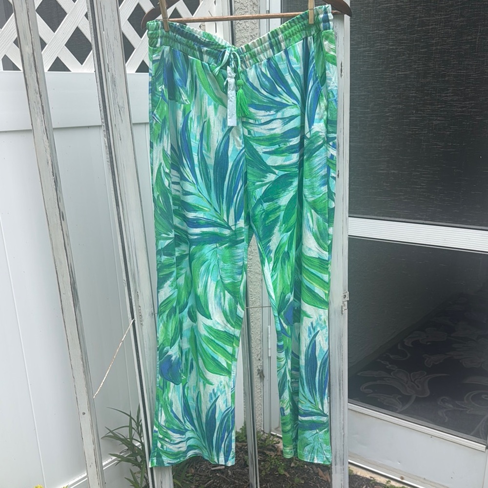NWT Belle Beach by Kim Gravel Green and Blue Wide Leg Tropical Leaf Pants